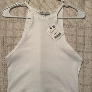 ZARA White Ribbed Tank Top - Slim Fit